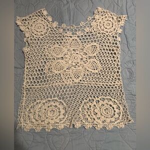 Ivory Crochet Open Knit Boho Ladies Top With Measurements Festival Cottage